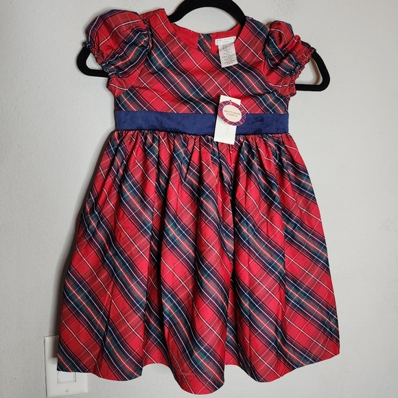 NWT Max Studio Kids Red Christmas Plaid Sateen Dress Velevt Bow Size 6 - Picture 1 of 14